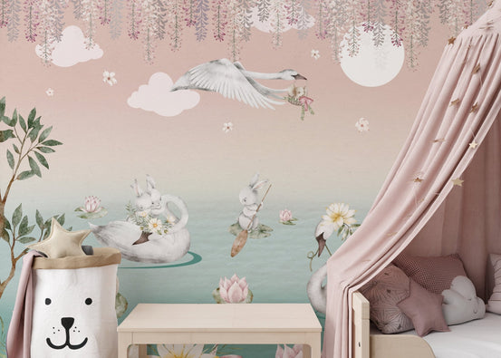Swan lake fantasy wallpaper mural with swans, lotus, pastel sky scene.