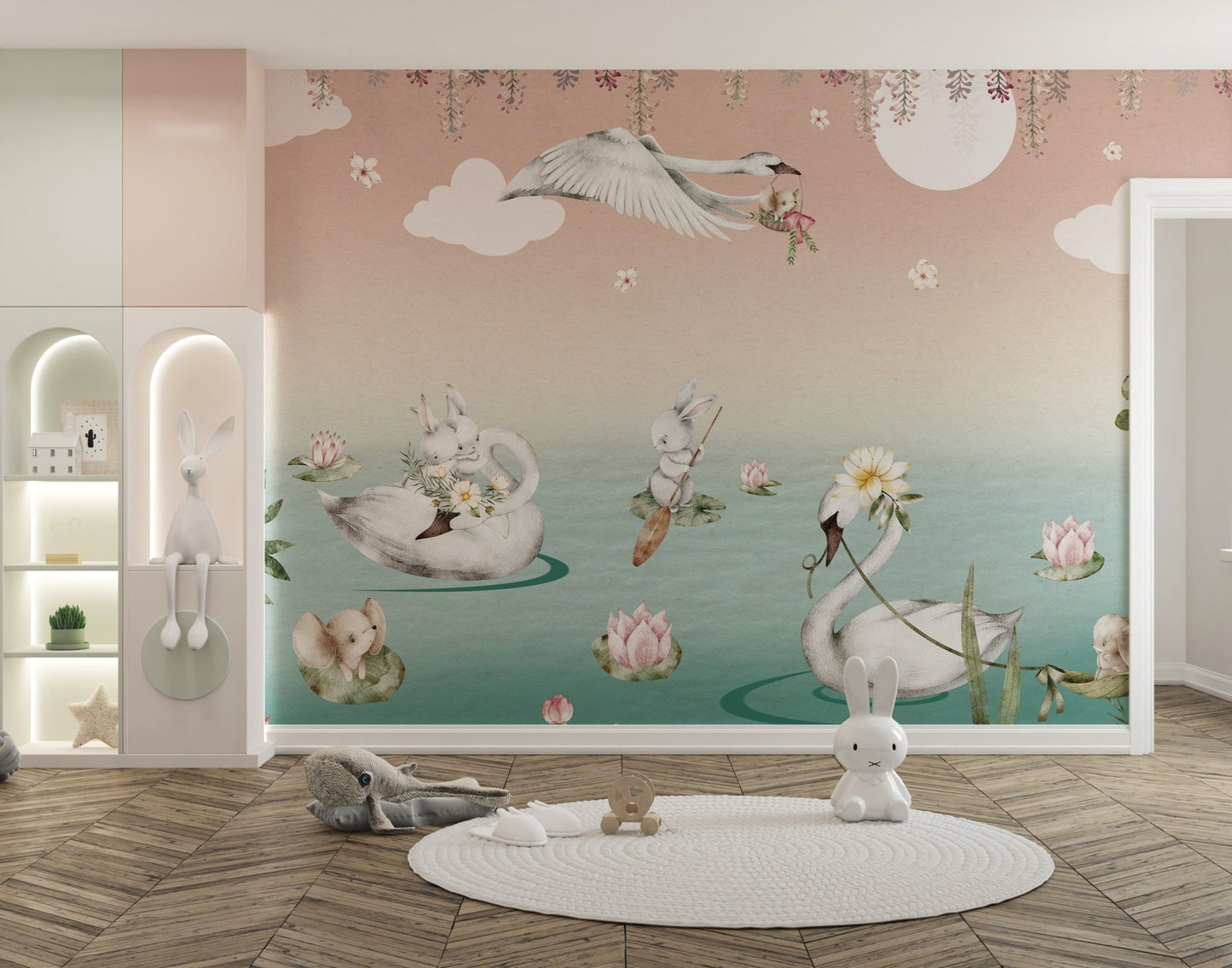 Artistic pastel lake wall mural with animals and blossoms.