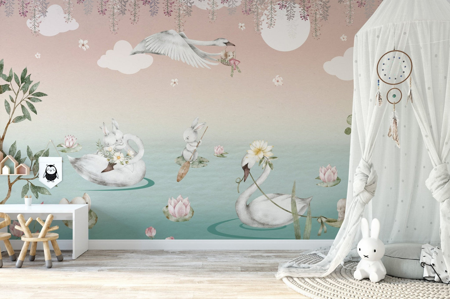 Pastel swan lake wallpaper mural with elephants and floating flowers.