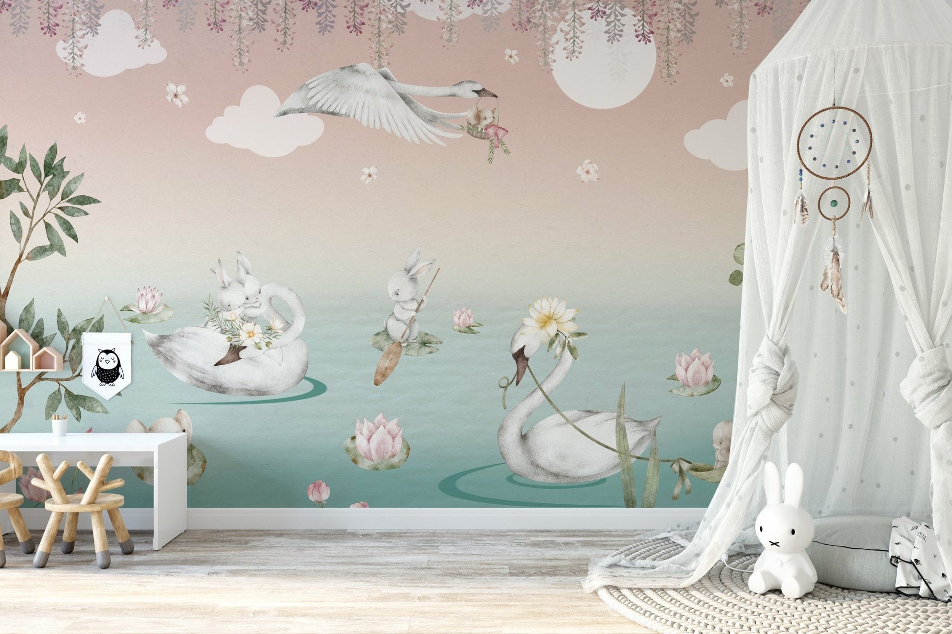 Pastel swan lake wallpaper mural with elephants and floating flowers.