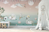 Pastel swan lake wallpaper mural with elephants and floating flowers.