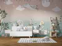 Dreamy lake wildlife wallpaper mural with clouds and moon.