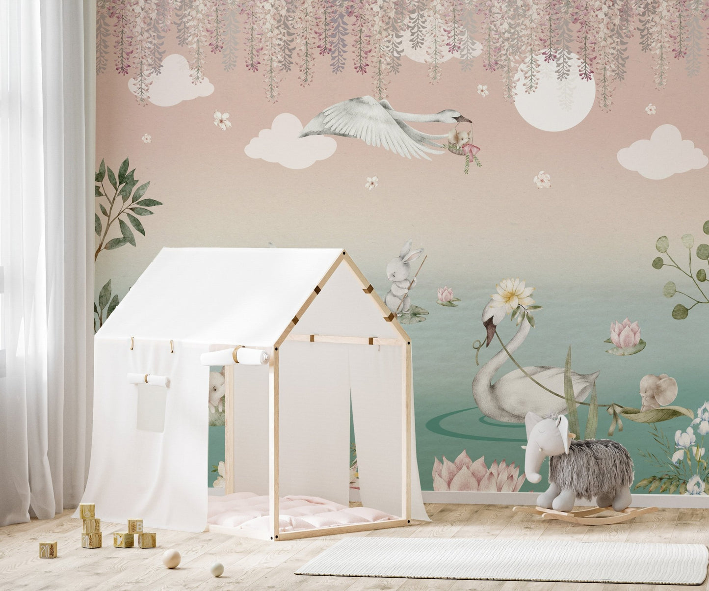 Elegant swan pond wallpaper mural with pink and aqua palette.
