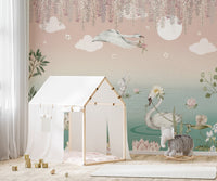 Elegant swan pond wallpaper mural with pink and aqua palette.