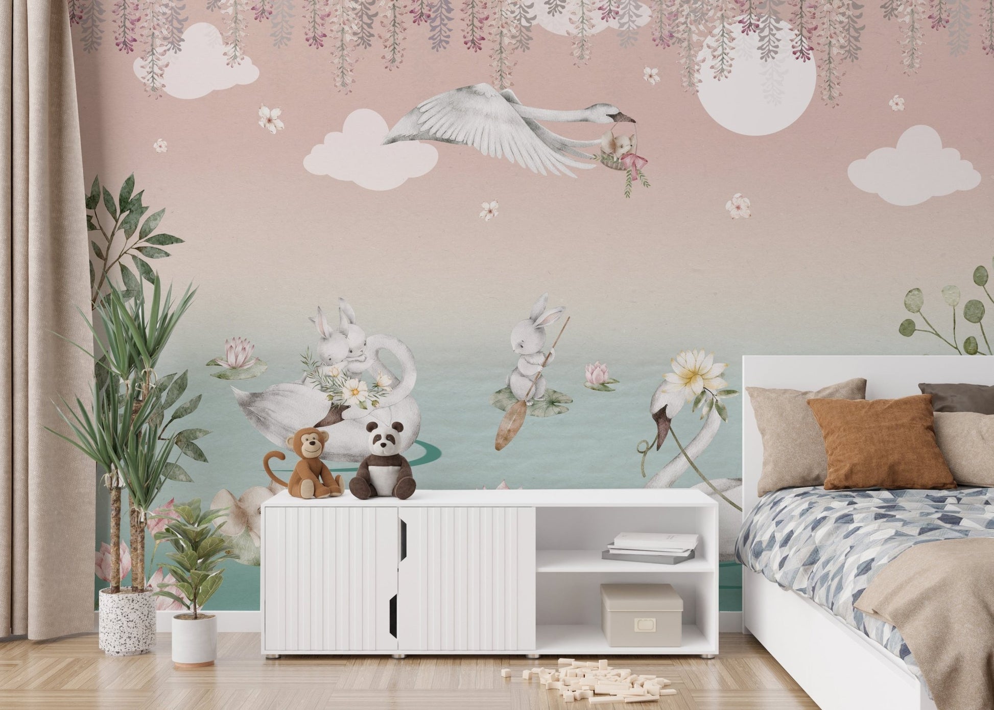 Fantasy animal lake wallpaper mural with soft pink sky.