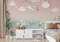Fantasy animal lake wallpaper mural with soft pink sky.