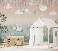 Watercolor swan family wall mural with lotus pond design.