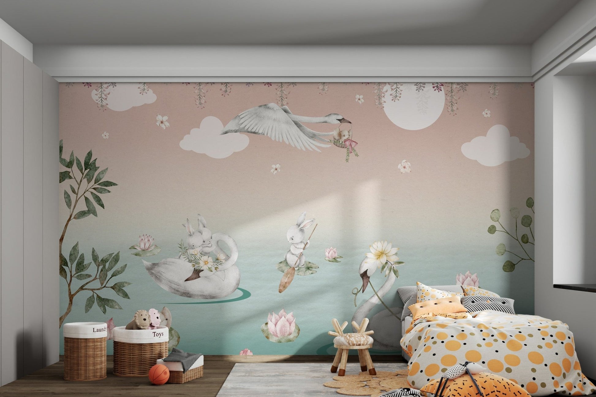 Hand-painted swan lake wall mural with white clouds and sun for kids bedroom.