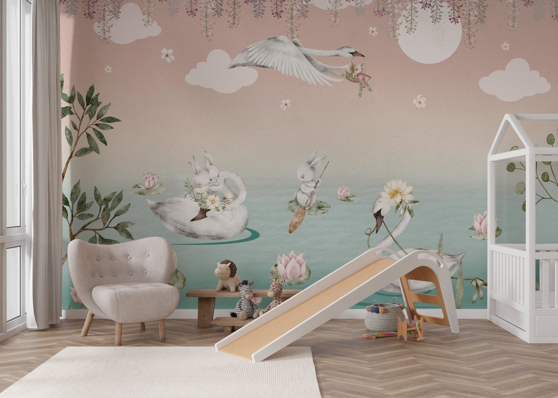 Animal theme wall mural with swans and rabbits for modern nursery.