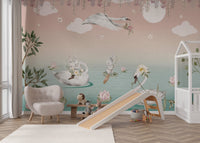Animal theme wall mural with swans and rabbits for modern nursery.