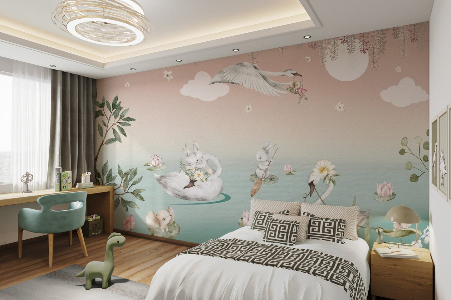 Delicate blossoms hanging over a serene swan lake mural for bedroom.