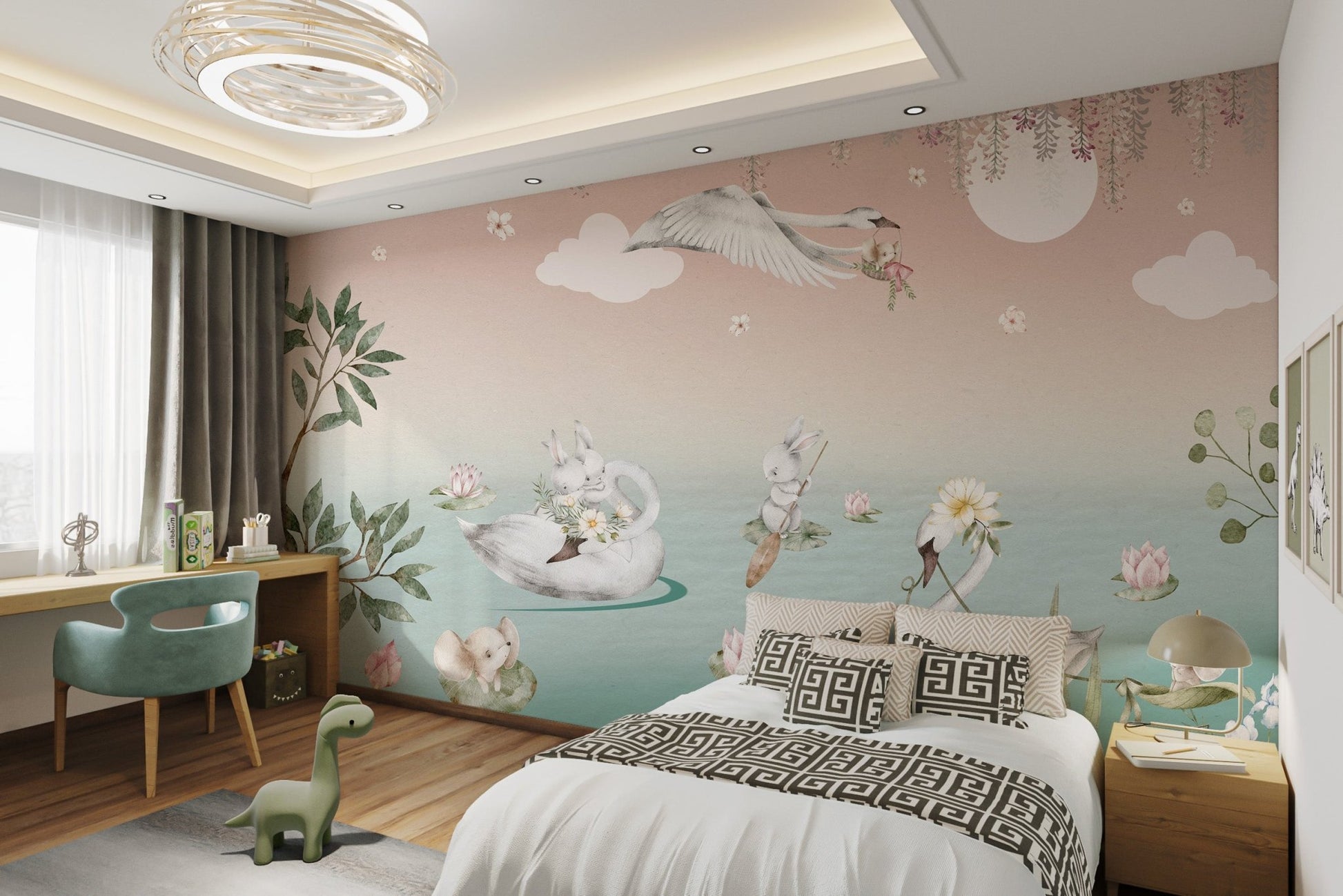 Delicate blossoms hanging over a serene swan lake mural for bedroom.
