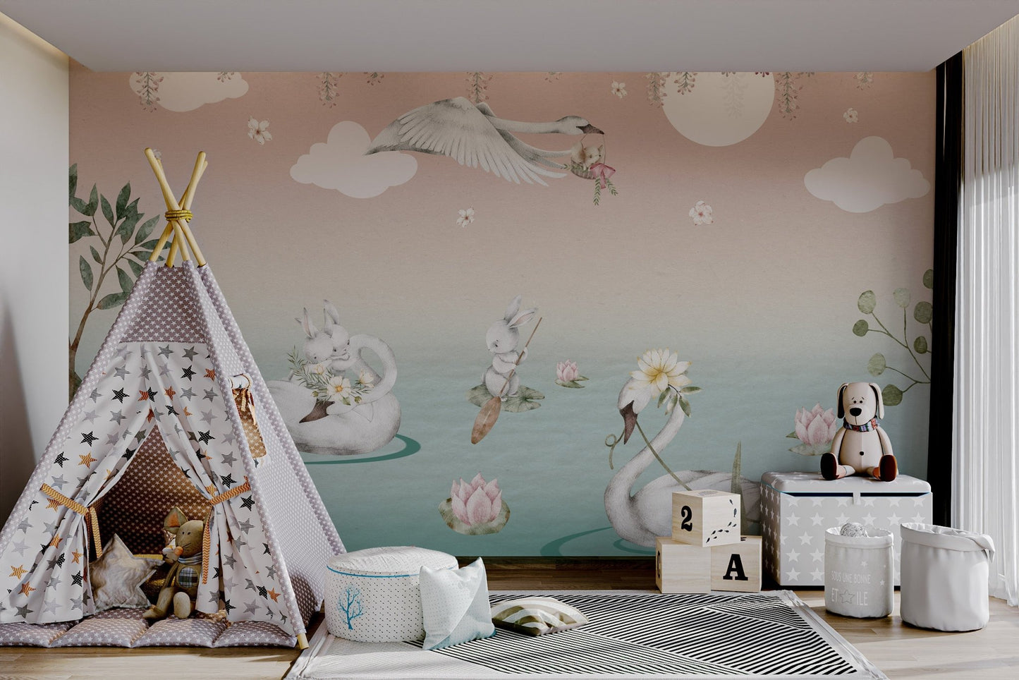 Soft pink wisteria wall mural with flying birds and garden lake scenery.