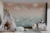 Soft pink wisteria wall mural with flying birds and garden lake scenery.
