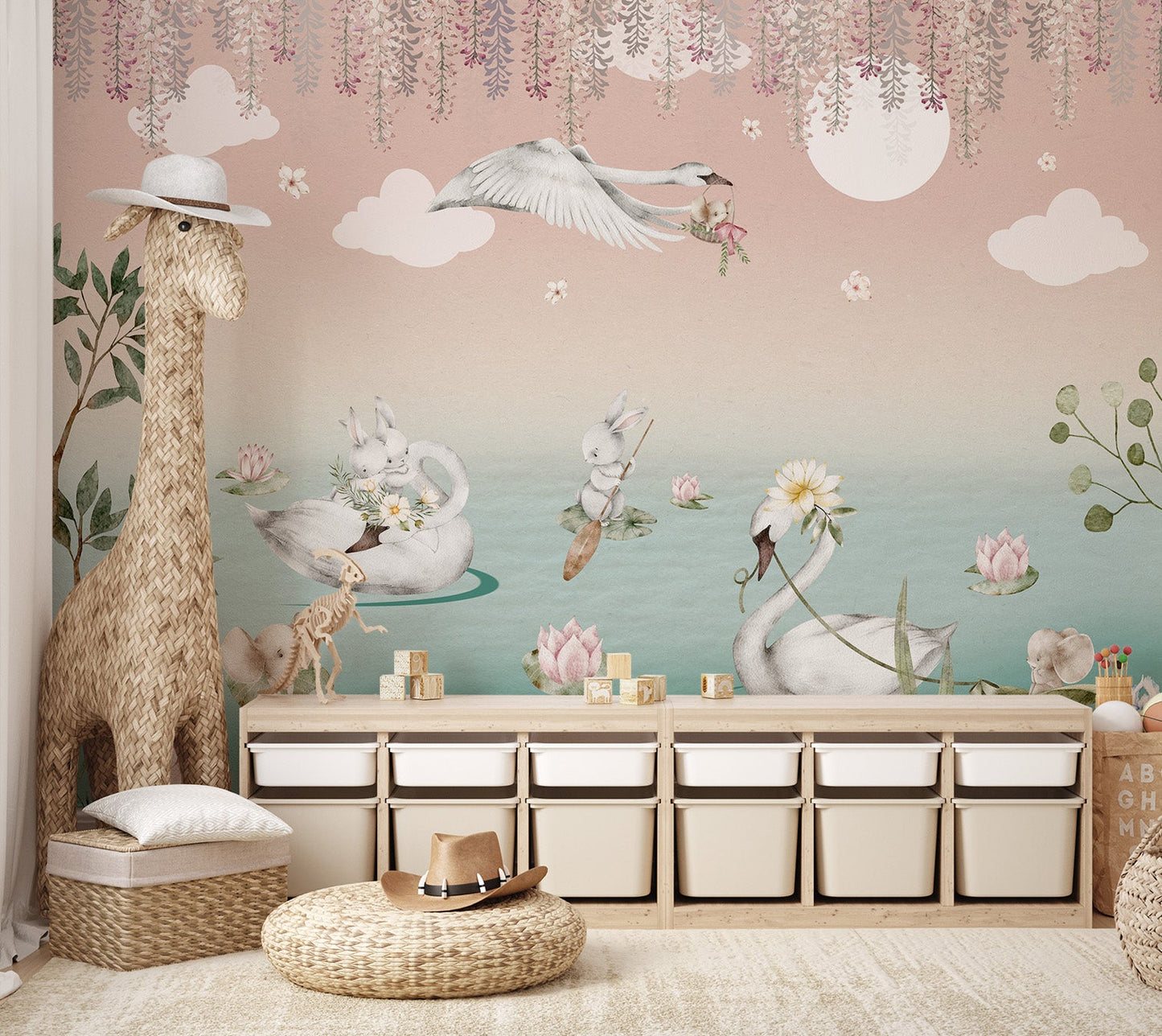 Peaceful swan mural with blooming flowers floating on the lake.