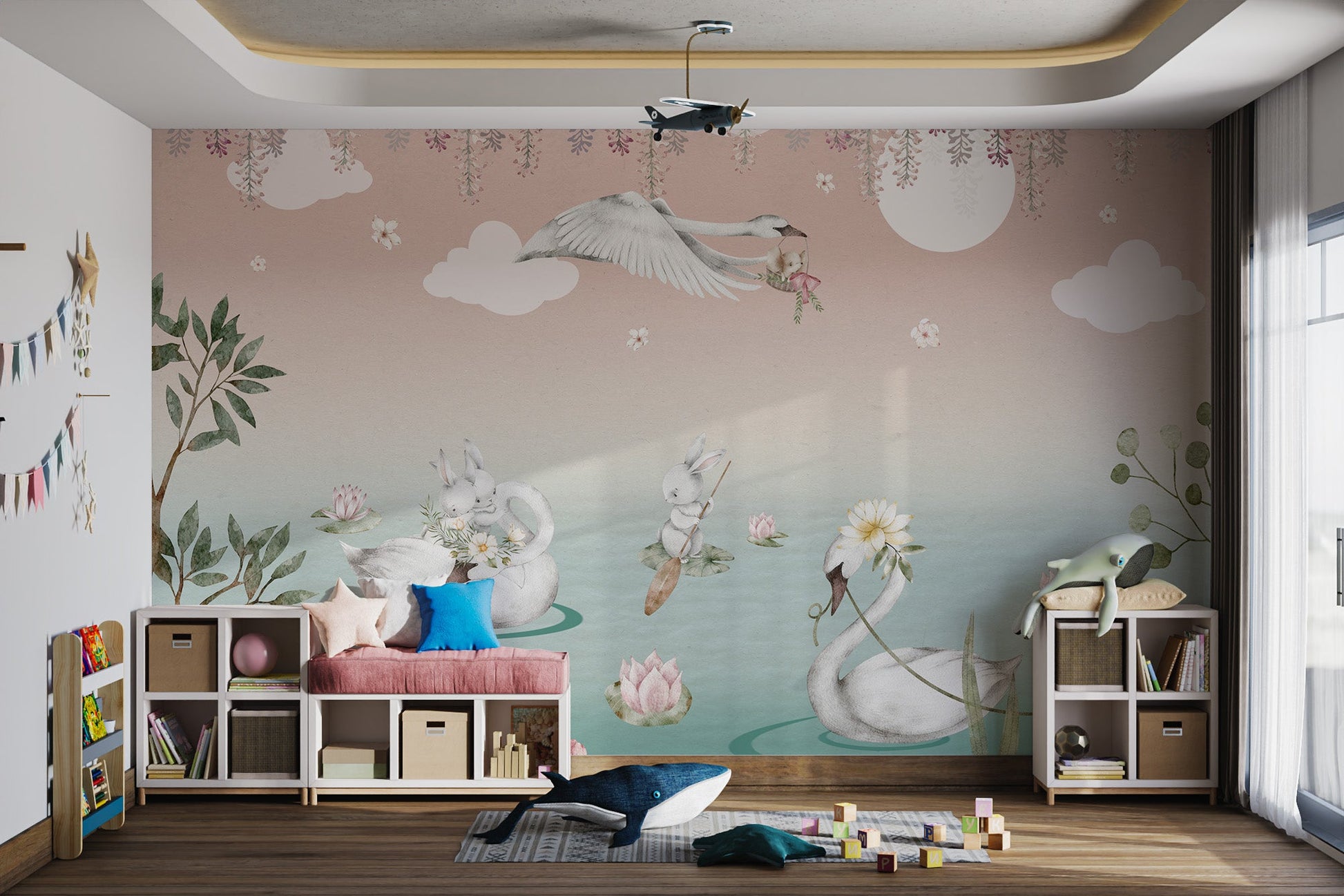 Floral lake wall mural with flying stork and baby mouse in modern playroom.