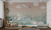 Pink and green wallpaper depicting swans swimming among blooming lilies.