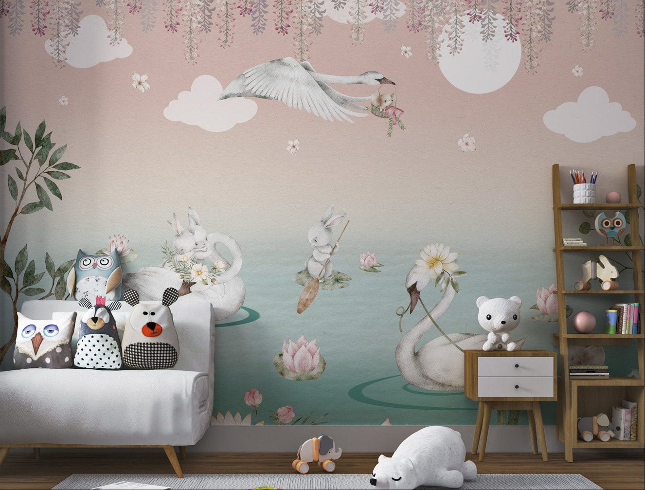 Rabbits and swans in a fairytale-like floral lake mural for nursery.