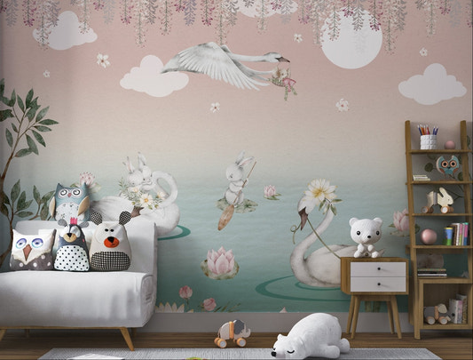 Rabbits and swans in a fairytale-like floral lake mural for nursery.