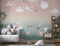 Rabbits and swans in a fairytale-like floral lake mural for nursery.