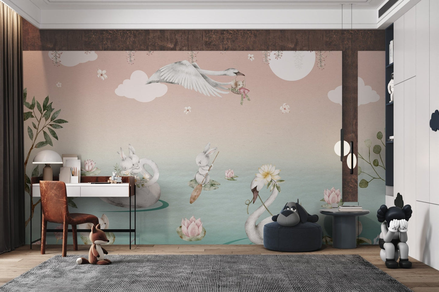 Pastel green pond wall mural with rabbit on lily pad for kids study room.