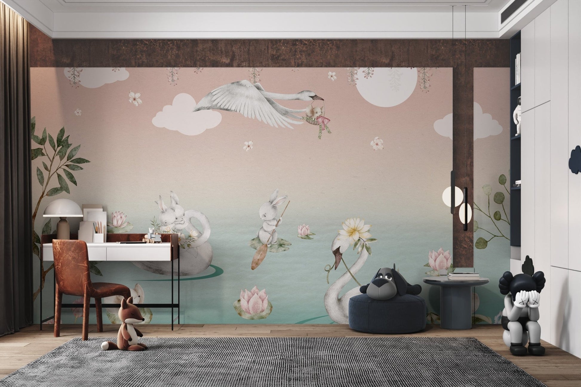 Pastel green pond wall mural with rabbit on lily pad for kids study room.
