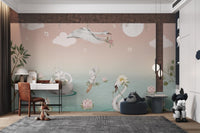 Pastel green pond wall mural with rabbit on lily pad for kids study room.
