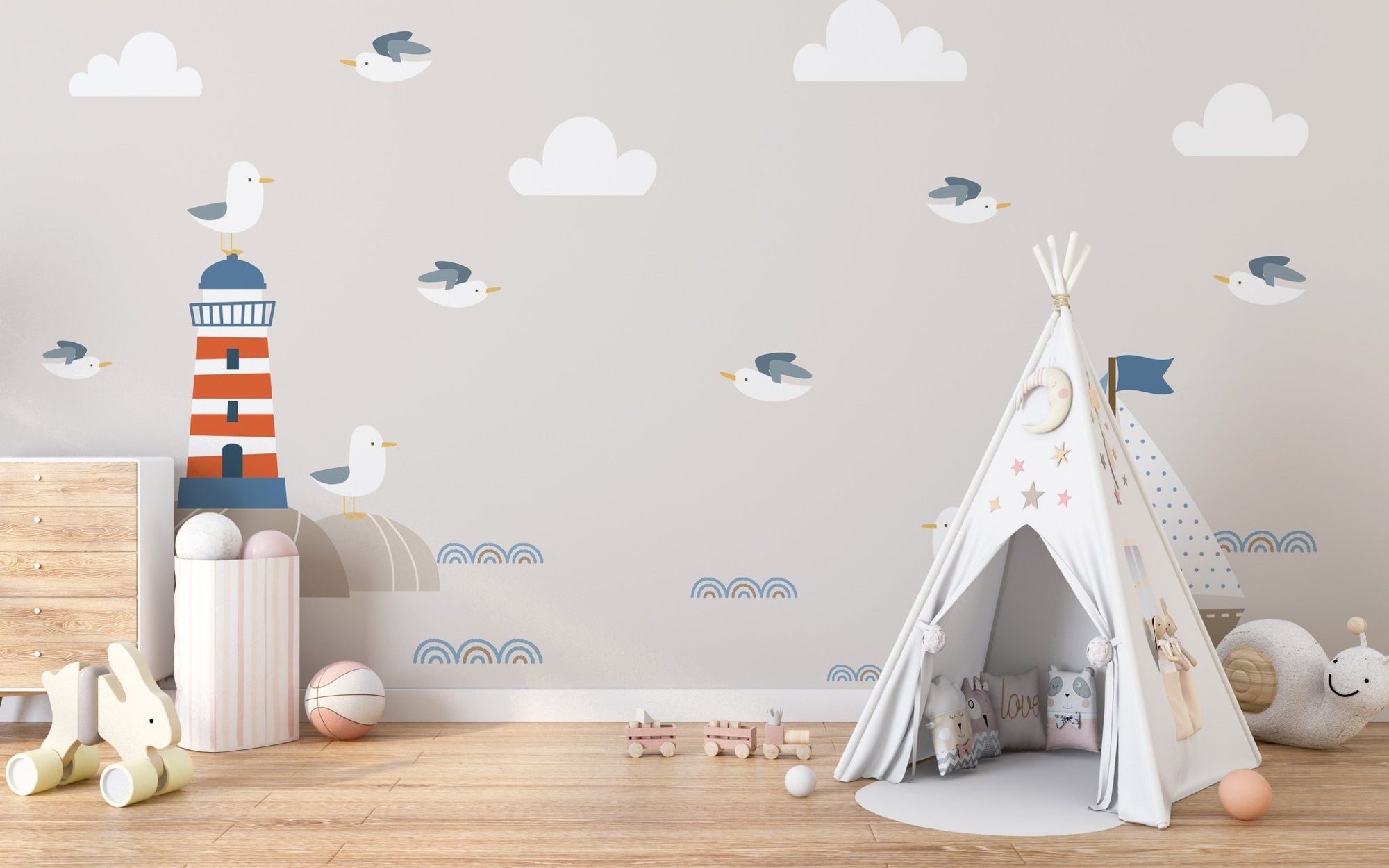 Swashbuckling Sailors Kids Room Murals with lighthouse and teepee tent.