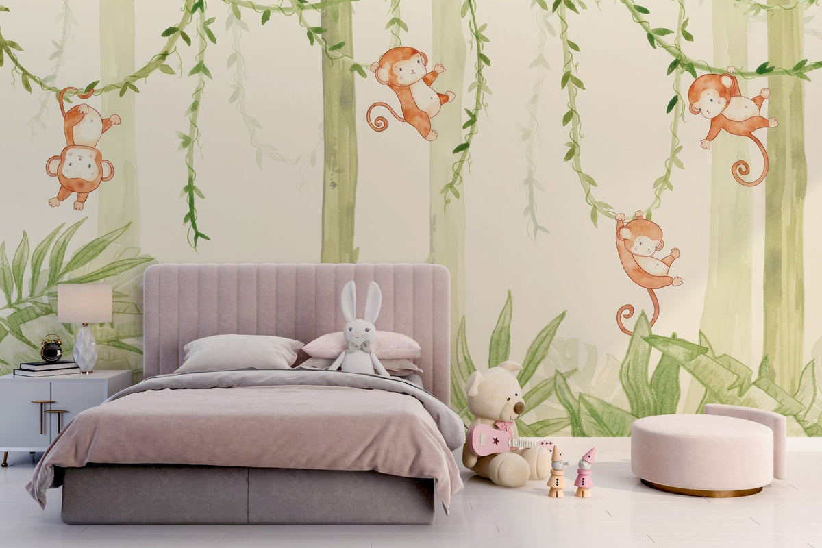 Storybook monkey wall mural in sage and beige color palette.