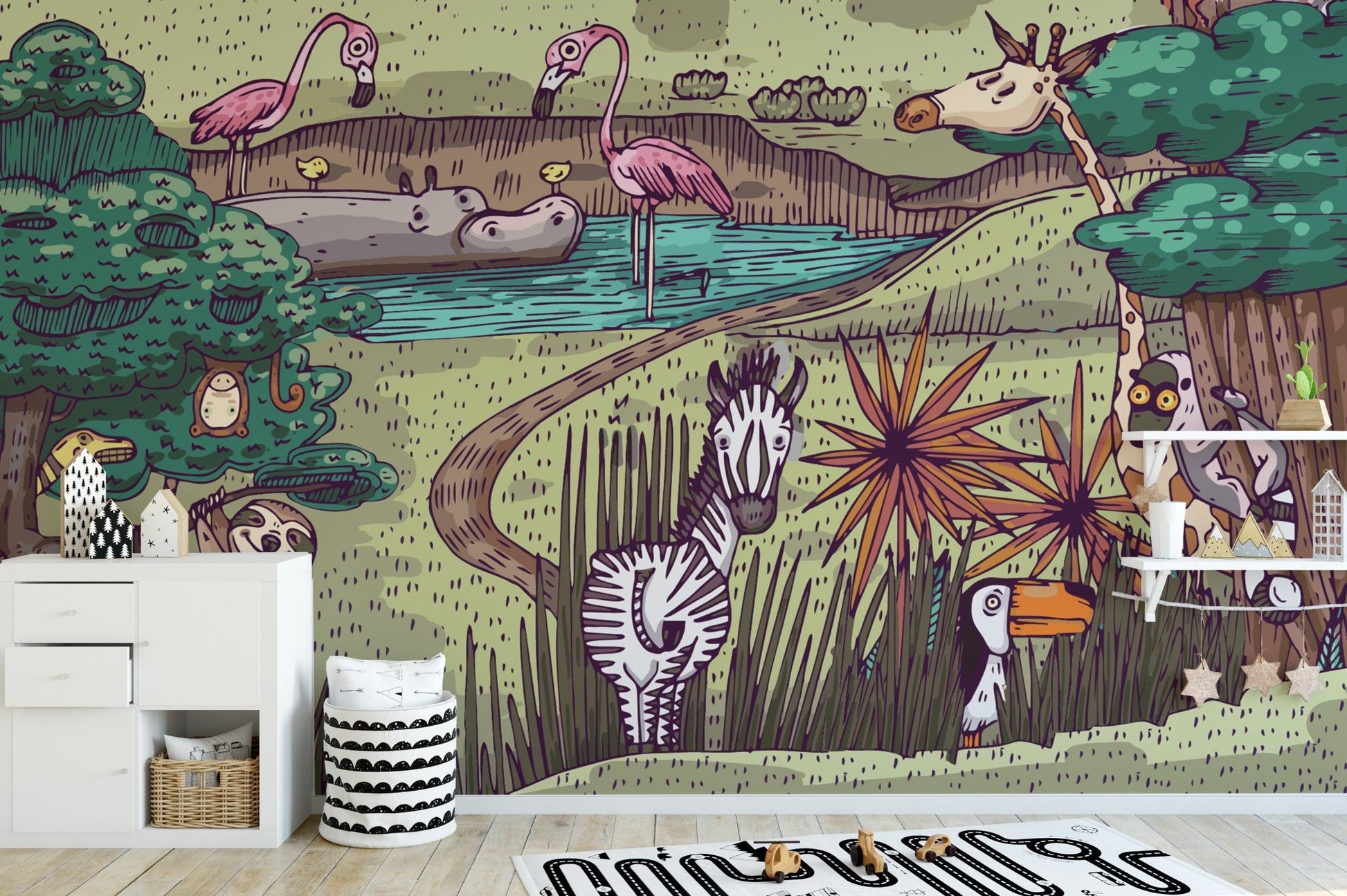Engaging jungle animals mural for imaginative kids' spaces.