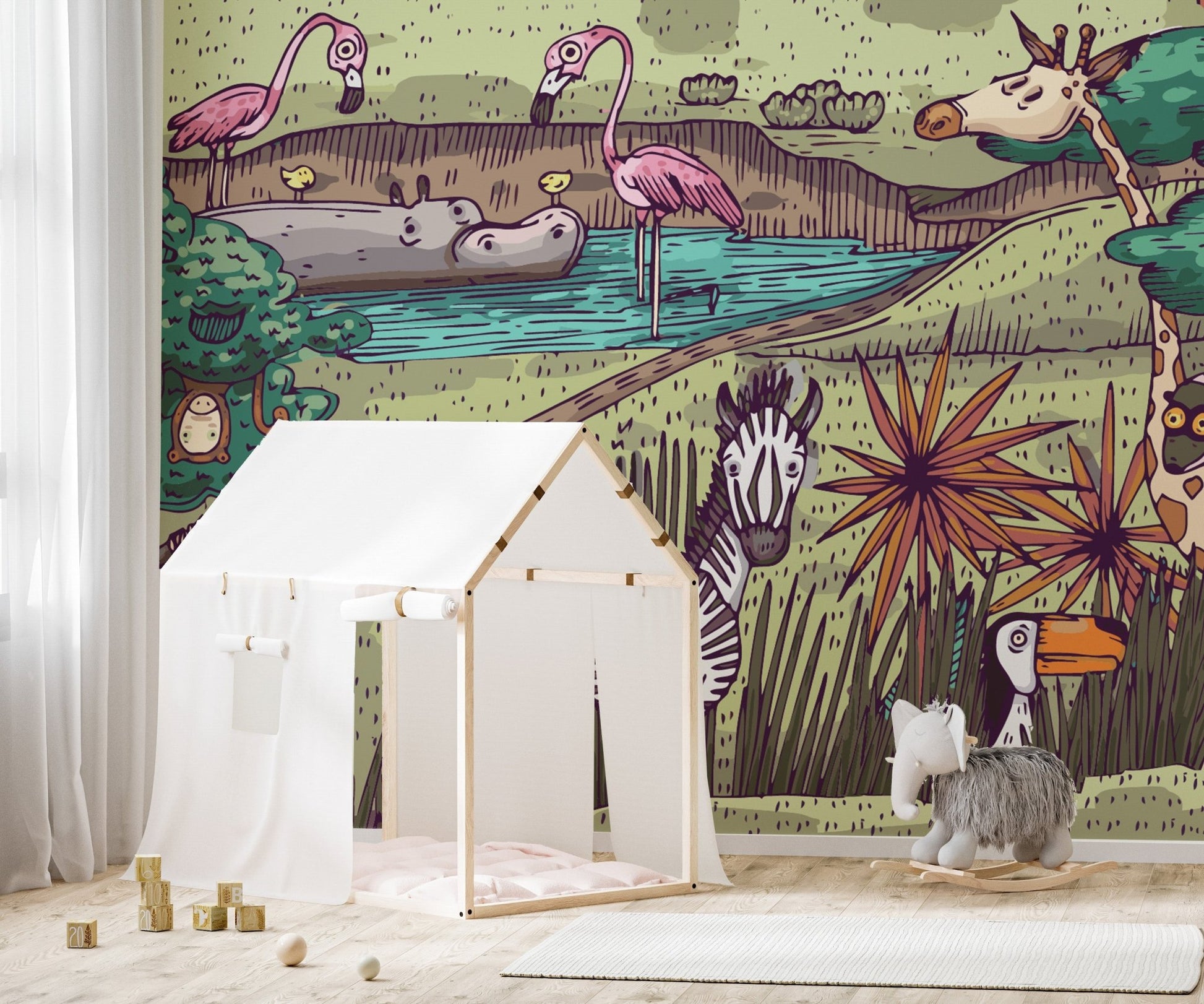 Storybook-inspired jungle mural with cheerful animal characters in nursery.
