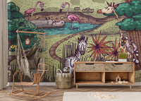 Jungle themed wall mural with a sloth and toucan next to a wooden storage unit.