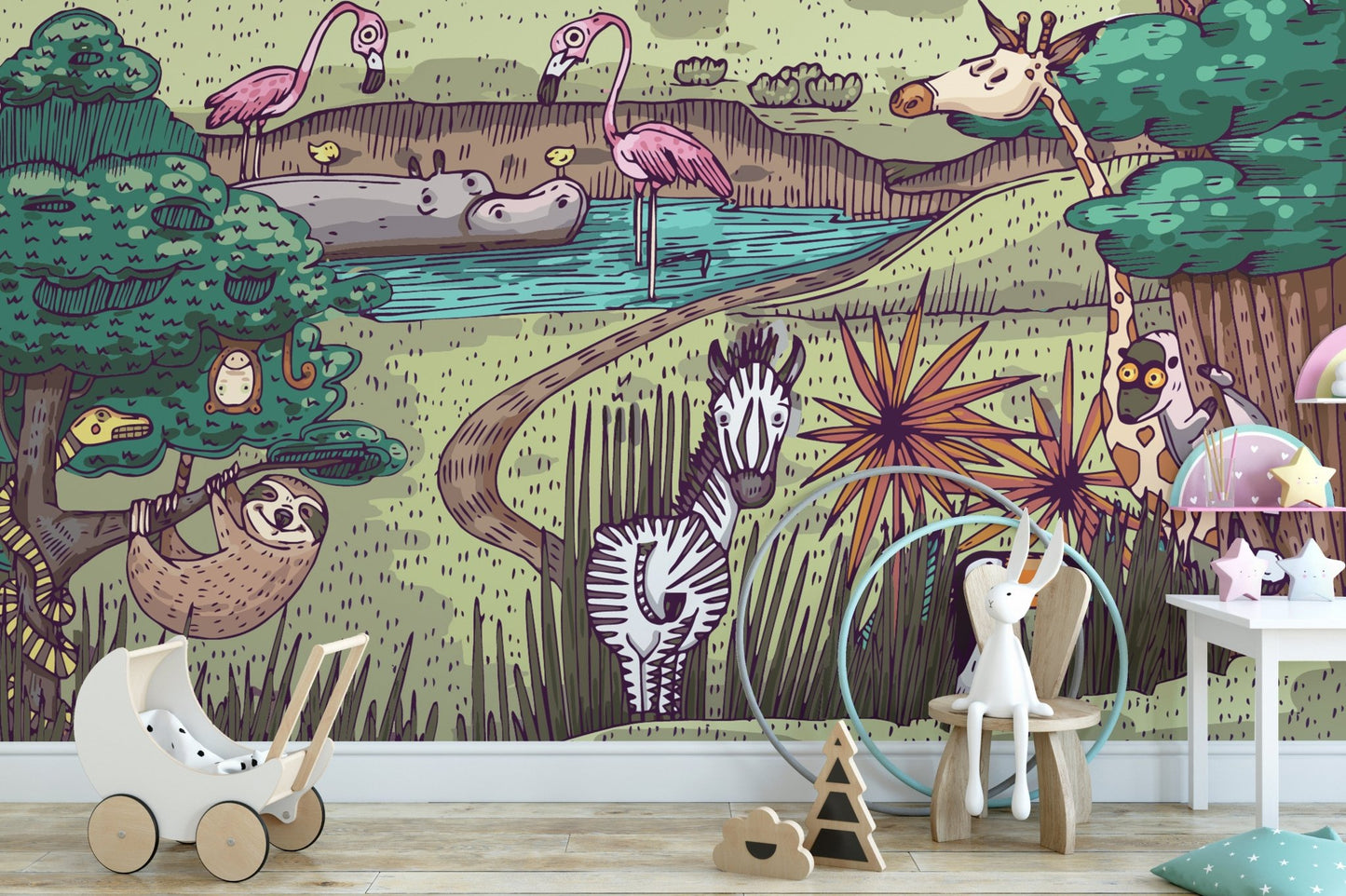 Jungle animals wall mural with colorful and playful designs in kids play area.

