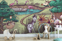 Jungle animals wall mural with colorful and playful designs in kids play area.
