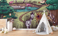 Tales of jungle animals wall mural with playful wildlife scenes in nursery
