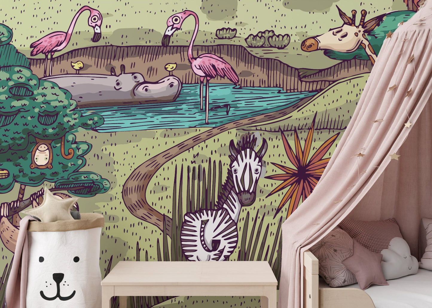 Jungle animals mural featuring exotic creatures and foliage in kids bedroom.
