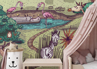 Jungle animals mural featuring exotic creatures and foliage in kids bedroom.
