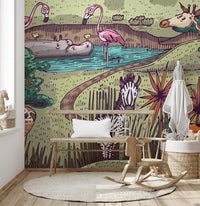 Tales of jungle wall mural featuring tropical wildlife scenes in nurery.
