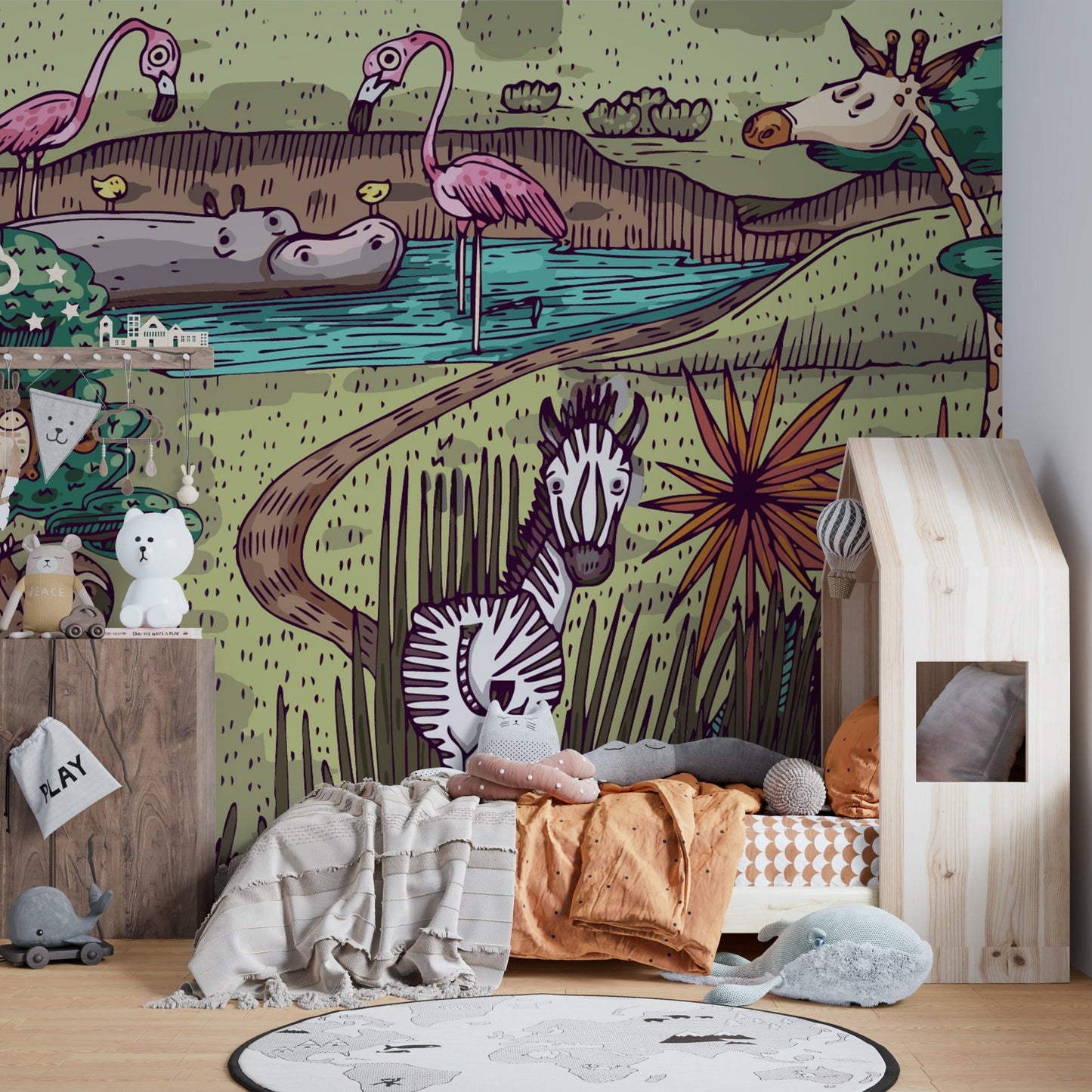 Tales of jungle animals mural for adventurous wall decor in home shape bedroom.
