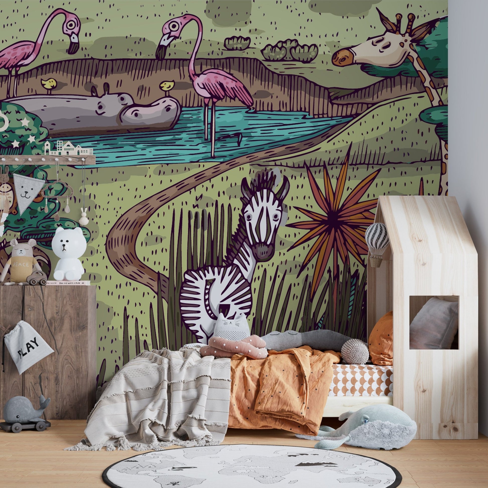 Tales of jungle animals mural for adventurous wall decor in home shape bedroom.
