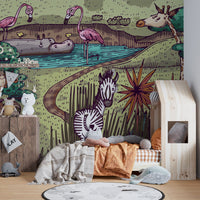 Tales of jungle animals mural for adventurous wall decor in home shape bedroom.
