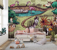 Jungle animals mural creating a vibrant and fun ambiance in toddler room.

