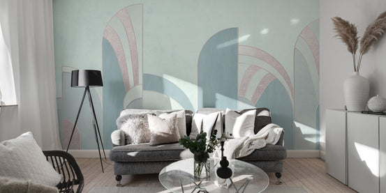 Teal abstract wallpaper mural with geometric arch wall mural design.