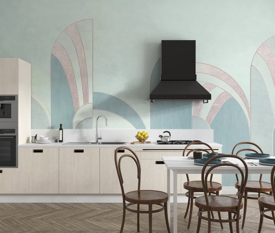 Minimal teal and blush wallpaper featuring abstract arch wall mural.