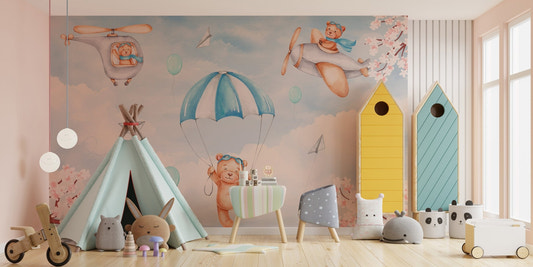 Watercolor teddy bear airplane wall mural in soft blue color tones.