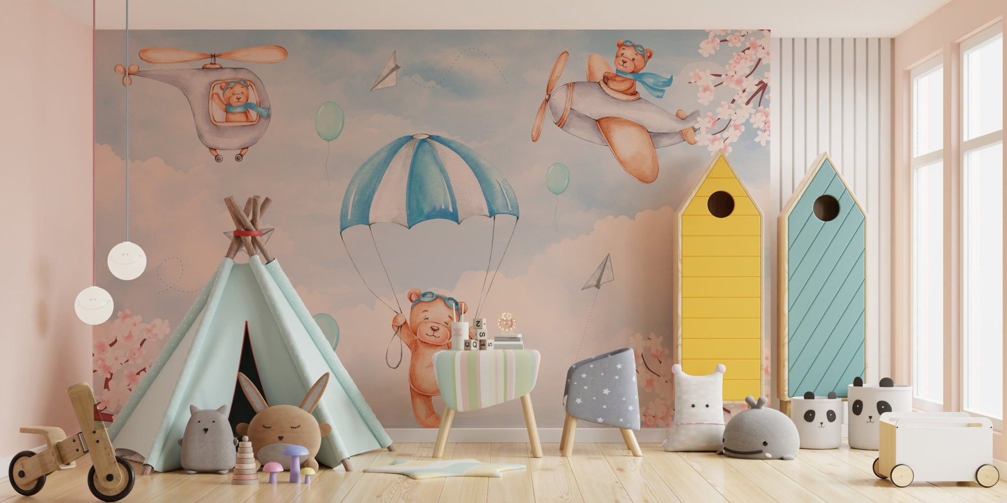 Watercolor teddy bear airplane wall mural in soft blue color tones.