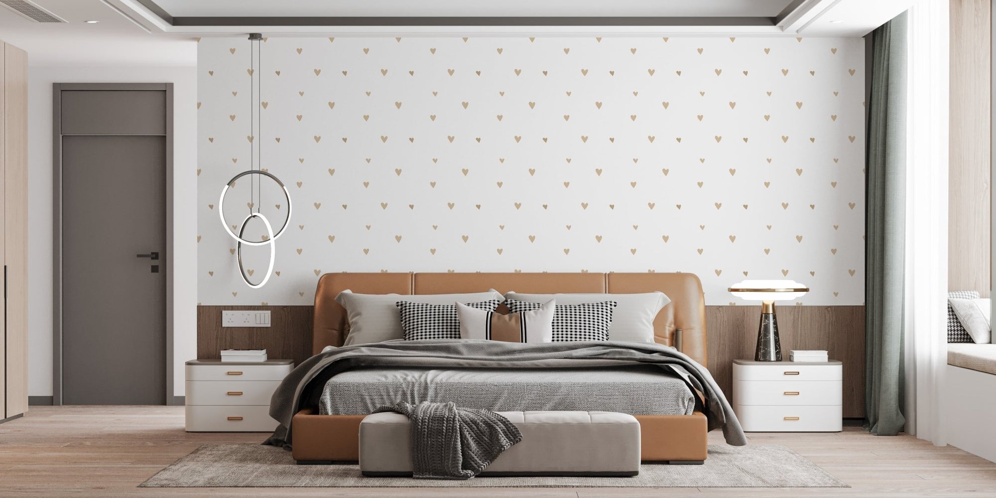 Modern bedroom featuring Tender Beige Gold Hearts Wallpaper behind a brown bed.