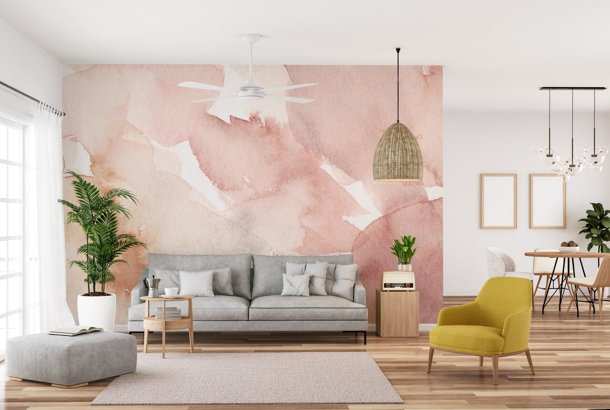 Artistic pink waves mural creating a tranquil ambiance in open living area.
