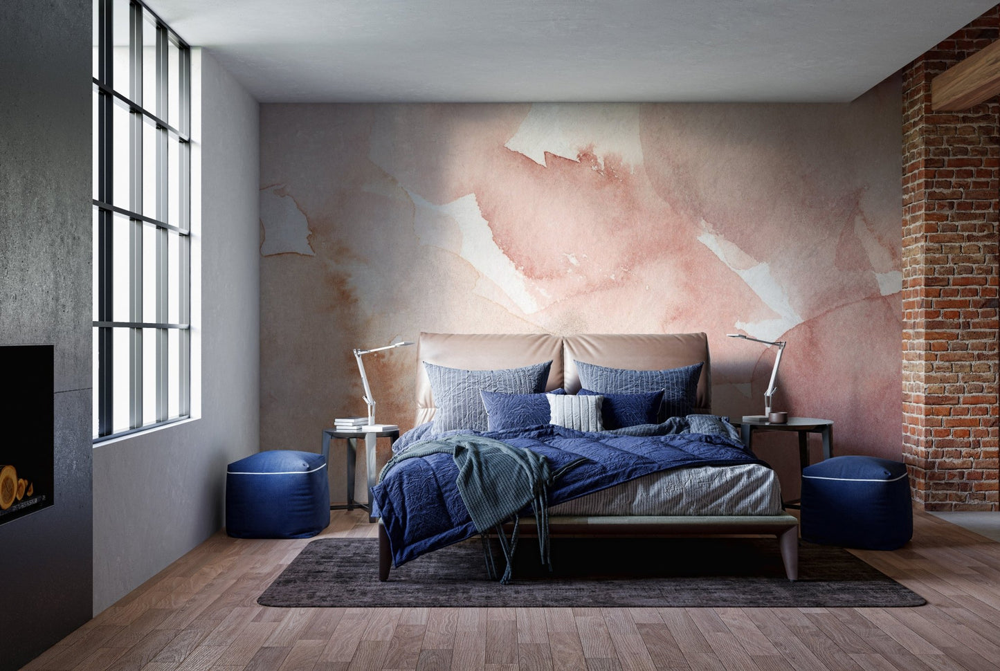 Delicate pink waves mural with a flowing watercolor design in bedroom.
