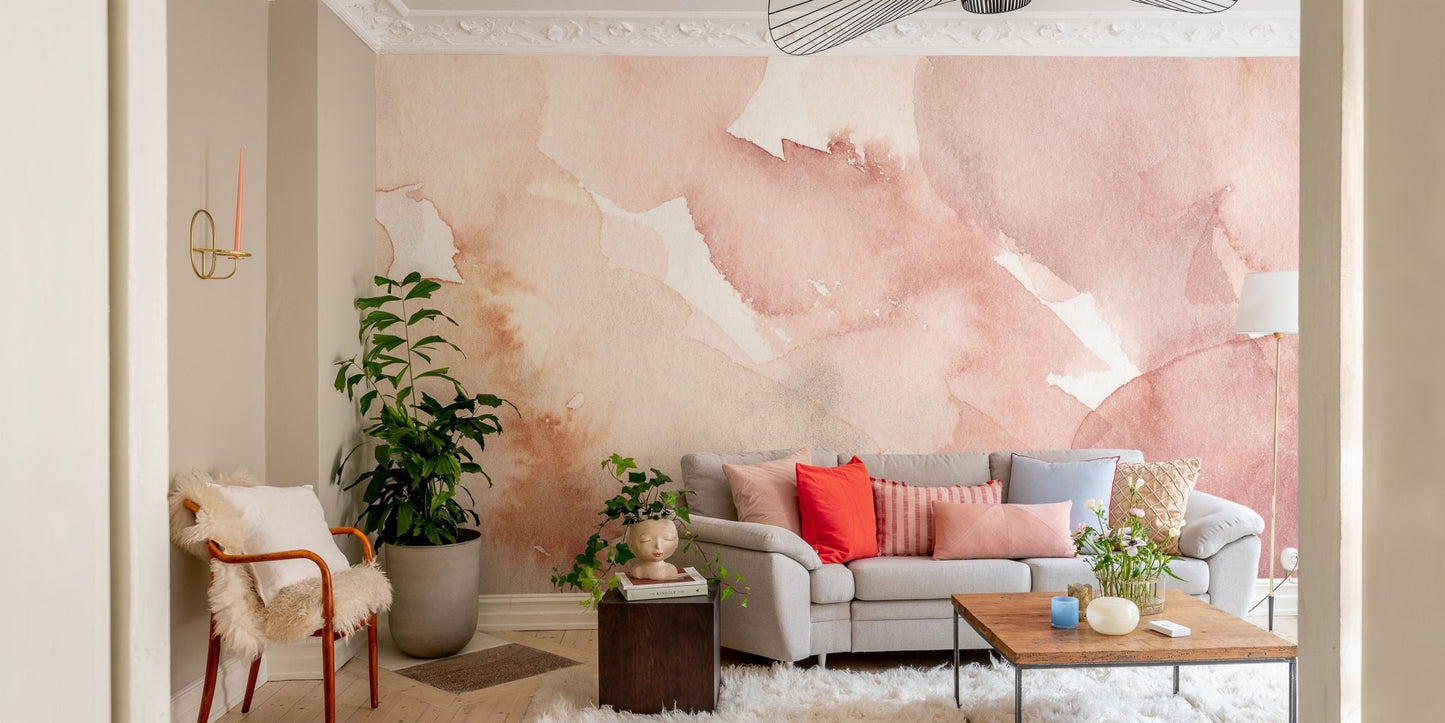 Tender pink waves mural featuring elegant watercolor patterns in living room.
